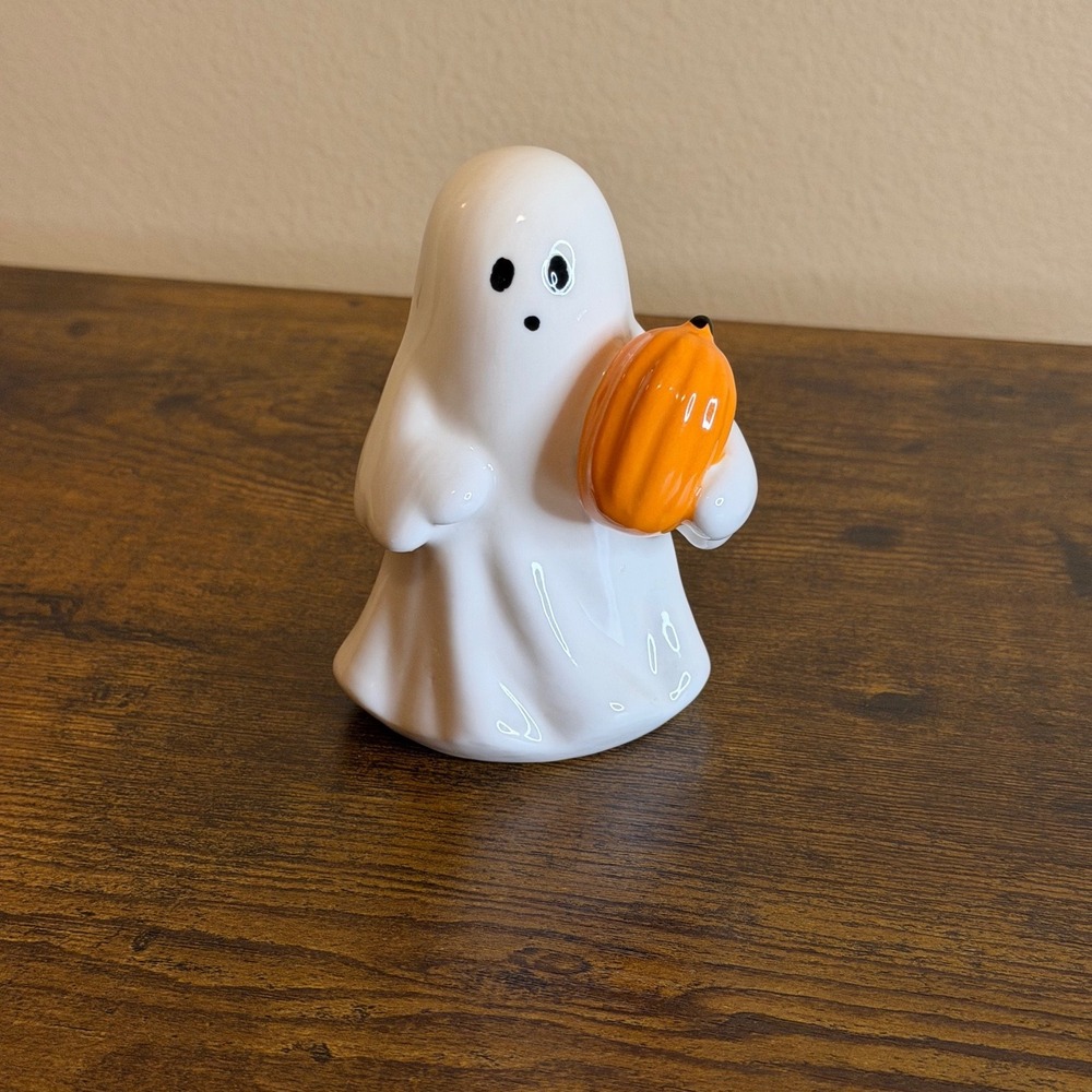 Ceramic Ghost Figurine with Orange Pumpkin Halloween Decor 4 Inch